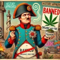 A playful cartoon-style caricature of Napoleon Bonaparte in his iconic military uniform, looking exasperated yet amused. In one hand, he holds a whims