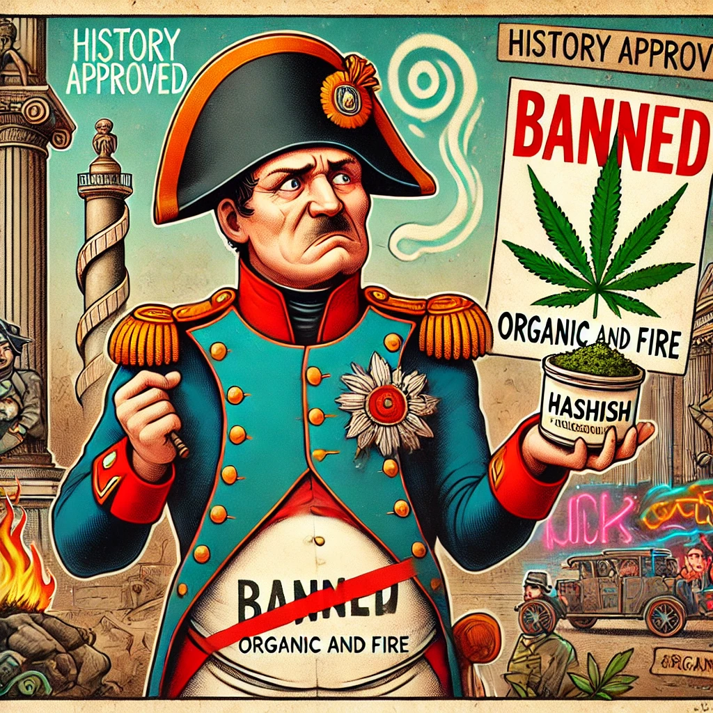 A playful cartoon-style caricature of Napoleon Bonaparte in his iconic military uniform, looking exasperated yet amused. In one hand, he holds a whims